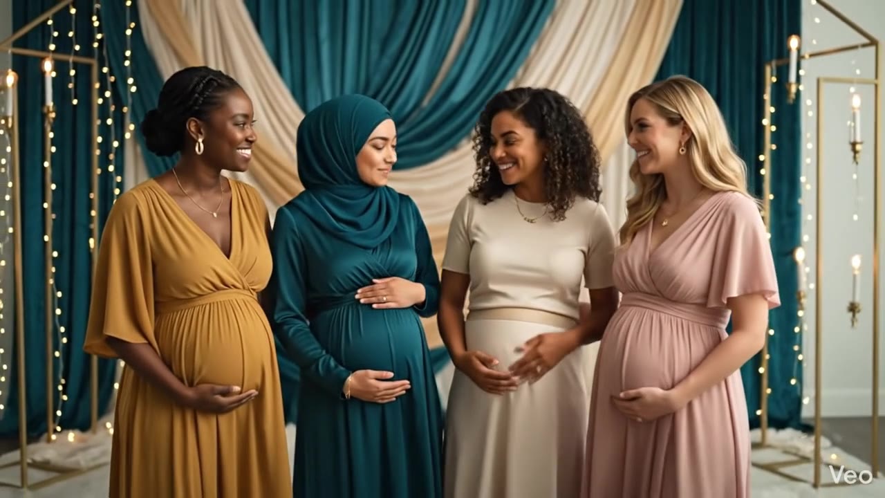 Expectant mothers sharing a joke under fairy lights