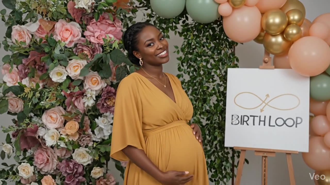 A smiling mother to be at a flower wall beside a Birth Loop sign